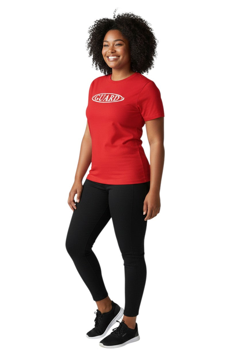 RISE Guard Short Sleeve Crew Neck Rashguard in red, shown on model