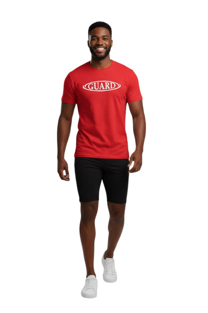 RISE Guard Short Sleeve Crew Neck Rashguard in red, shown on model