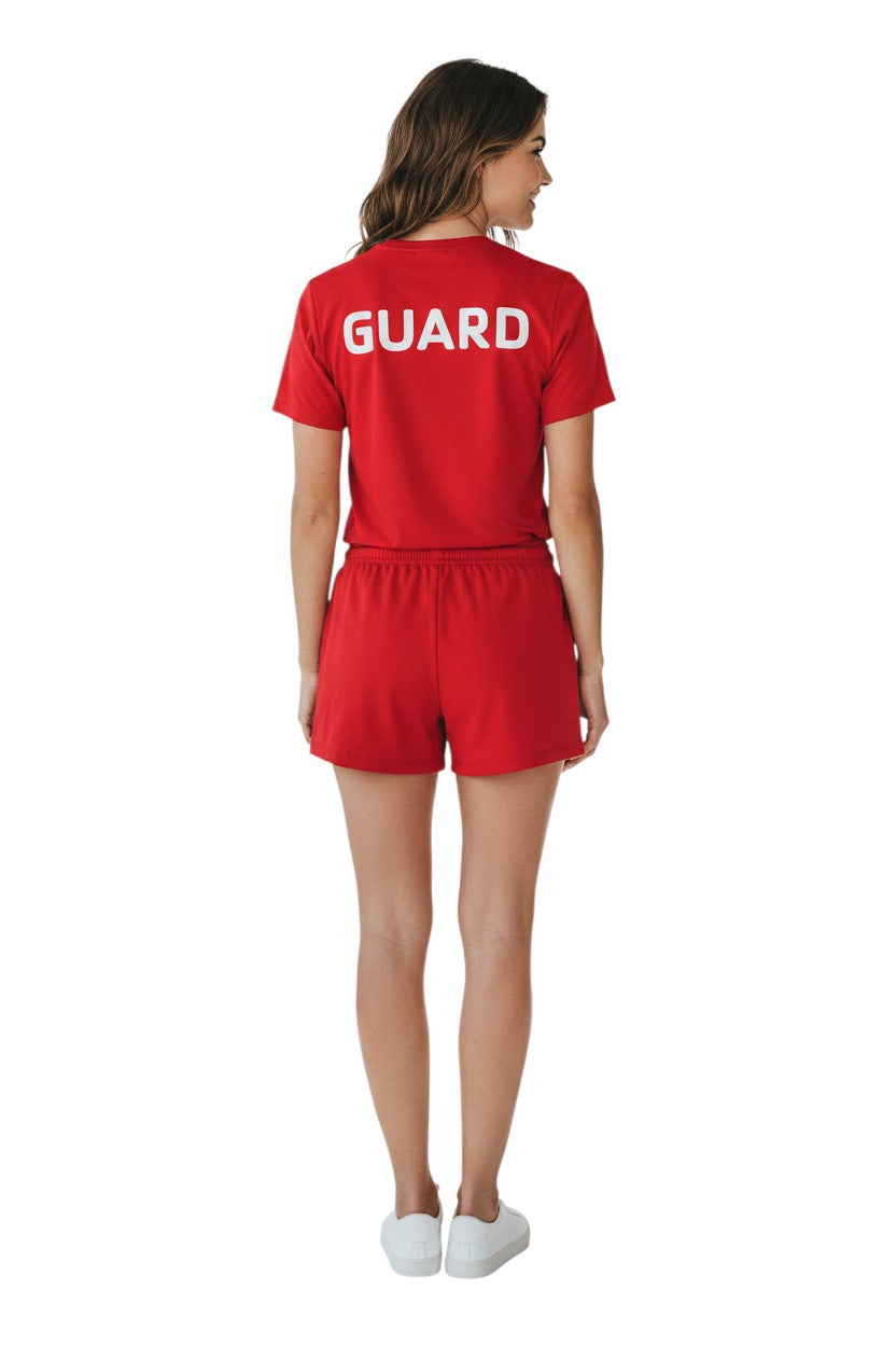 YMCA Guard Short Sleeve Rashguard in red, shown on model