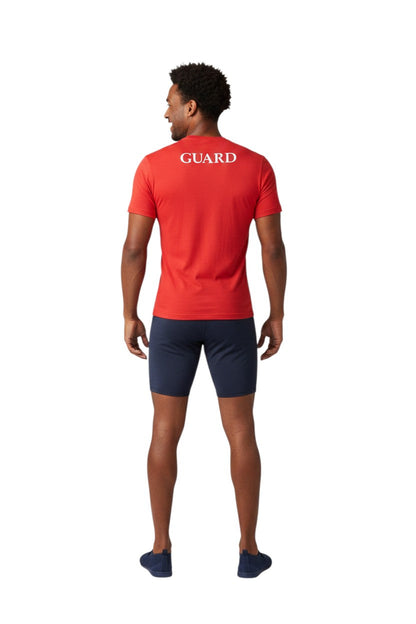 RISE Guard Short Sleeve Crew Neck Rashguard in red, shown on model