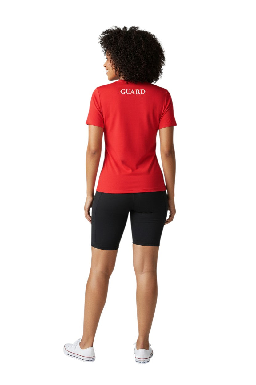 RISE Guard Short Sleeve Crew Neck Rashguard in red, shown on model