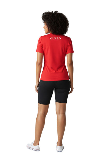 RISE Guard Short Sleeve Crew Neck Rashguard in red, shown on model
