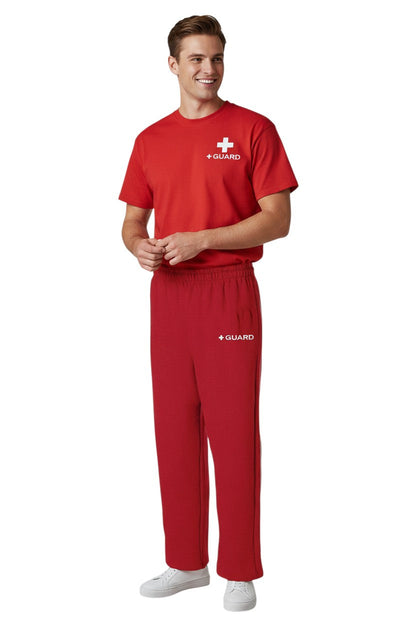 Kiefer Guard Sweatpants in red, shown on model