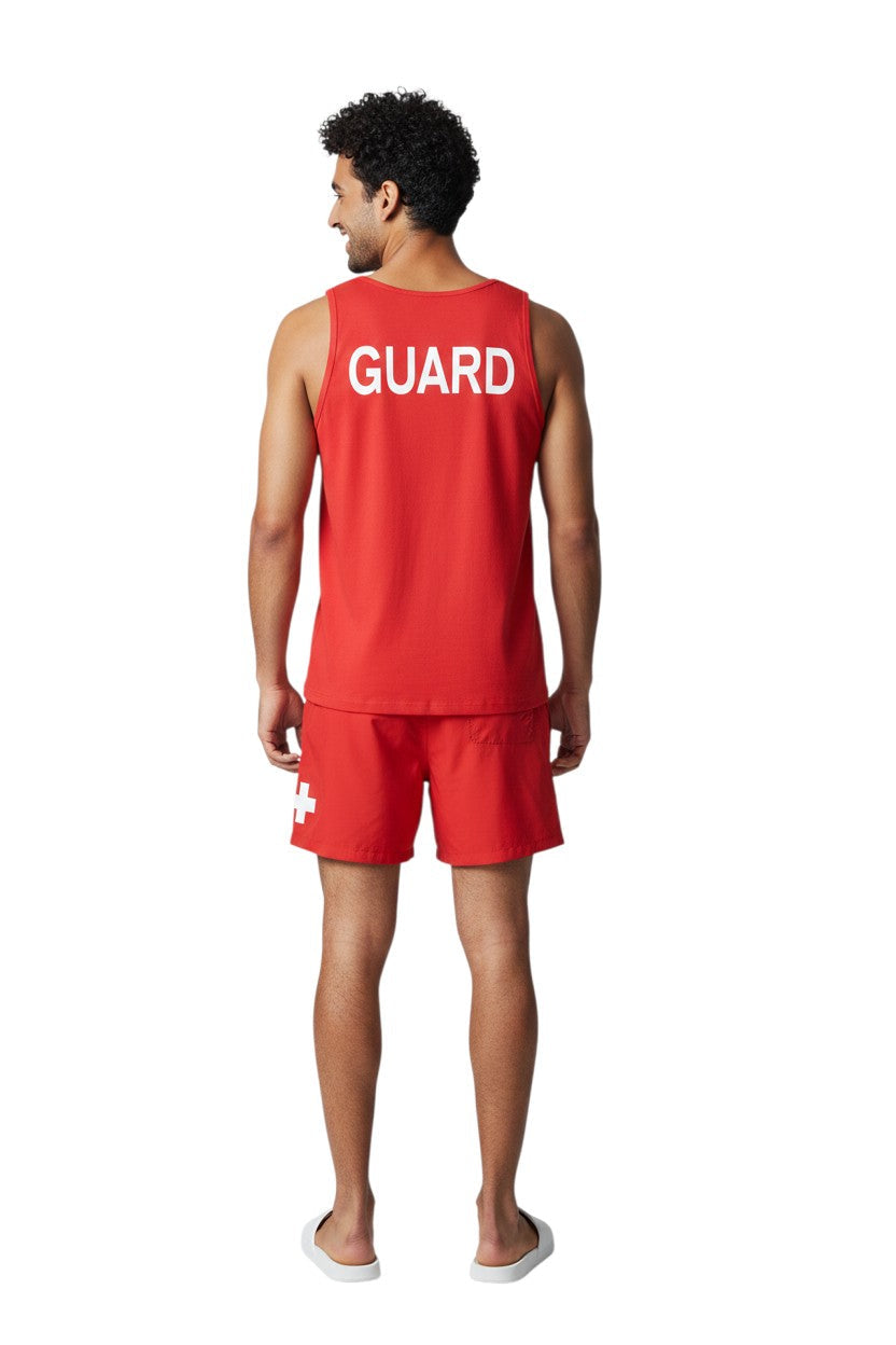 Red 100% cotton preshrunk tank top with white GUARD logo on back.