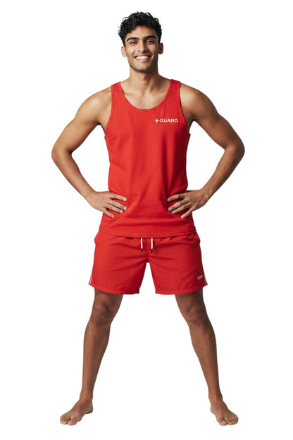 Red 100% cotton preshrunk tank top with white GUARD logo on chest.