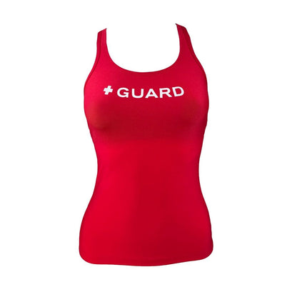 Kiefer red racer back tankini top with white "GUARD" and cross graphic. Made of recycled polyester with UPF50+ protection.