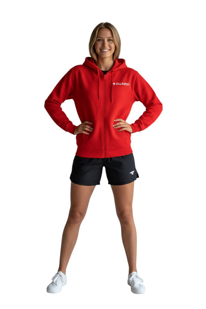 Red cotton-polyester blend zip-up hoodie with GUARD logo on chest. Features a double-lined hood and front pockets.