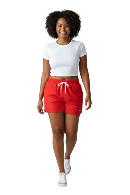 RISE Instructor Female Roll Short in red, shown on model