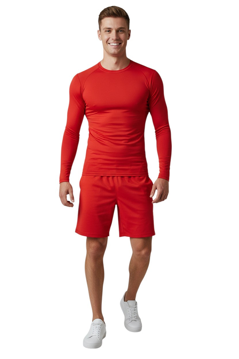 Kiefer Solid Long Sleeve Crewneck Rashguard in red, shown on model