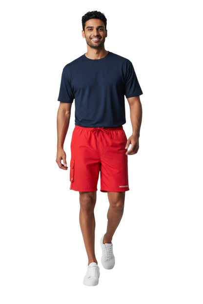 Kiefer Manager Board Short in red, shown on model