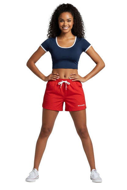 RISE Manager Female Roll Short in red, shown on model