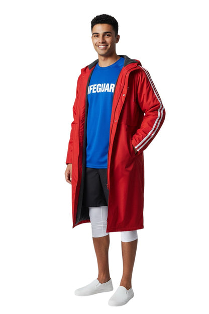 RISE Guard Splice Parka in red nylon with fleece lining and white stripes on sleeves.