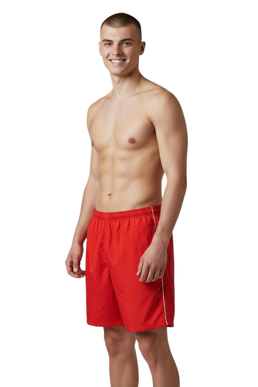 Kiefer red nylon trunk with white side stripe, elastic waistband, and 5" inseam.