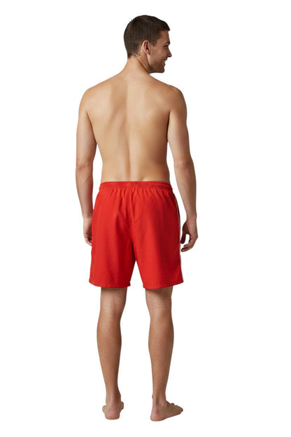 Kiefer red nylon trunks with white side piping and elastic waistband. 5" inseam.