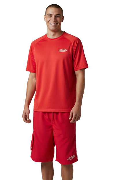 RISE Guard Male Flex Board Short in red, shown on model