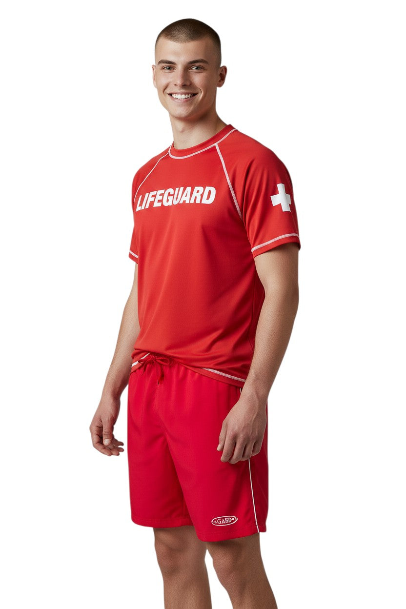 RISE Guard Male Flex Board Short in red, shown on model