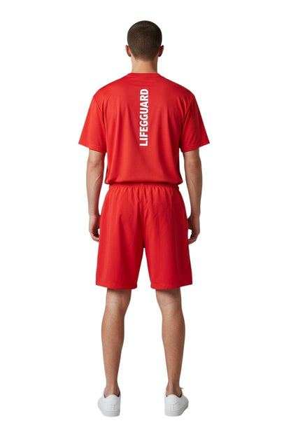 RISE Guard Male Flex Board Short in red, shown on model