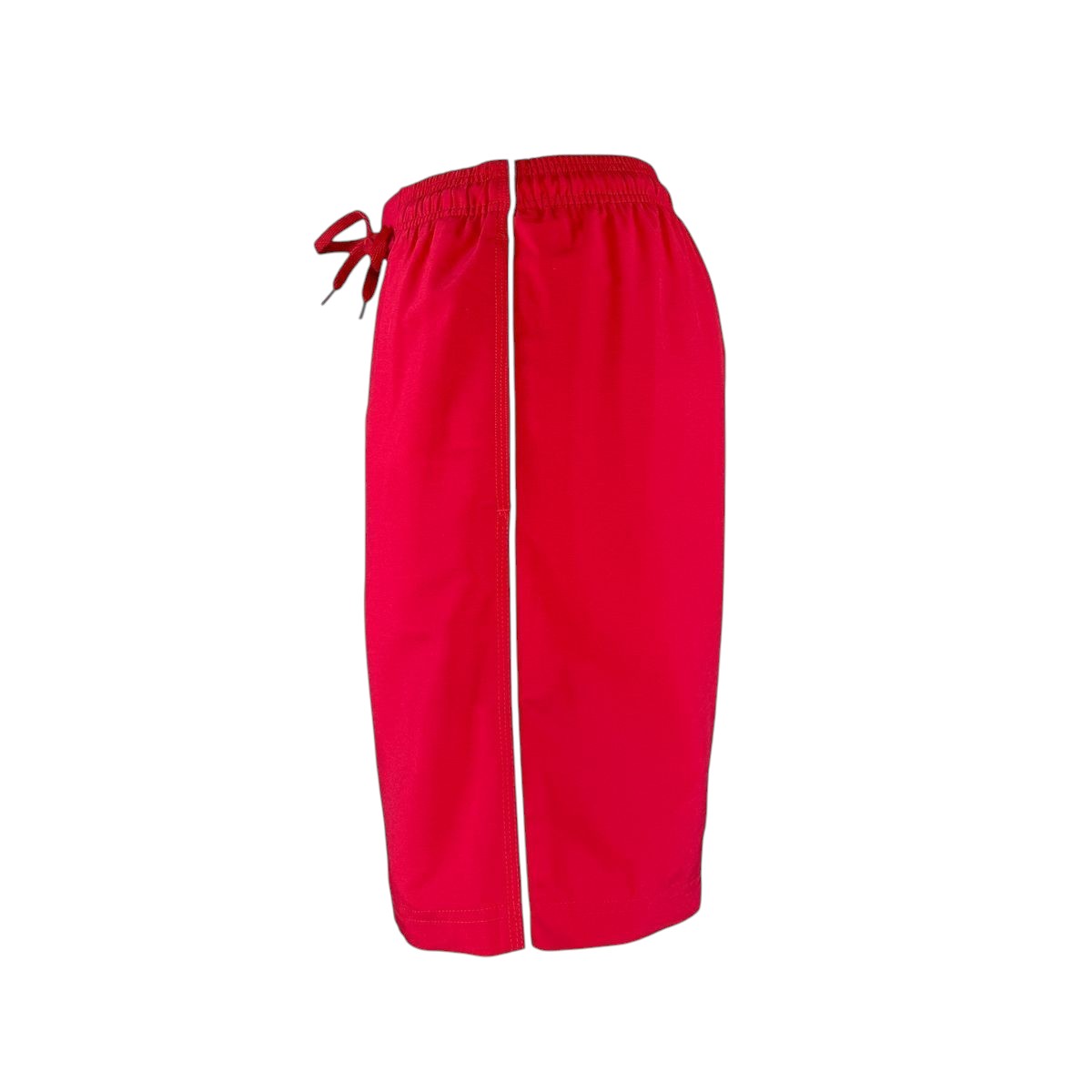 Kiefer red polyester board shorts with white piping detail and drawstring waist. 7" inseam.