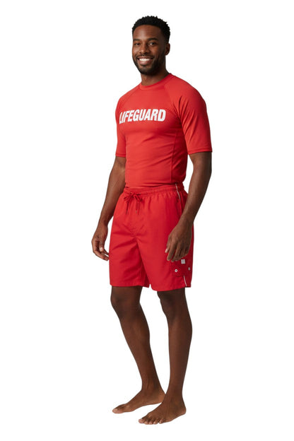 RISE Staff Male Flex Board Short in red, shown on model