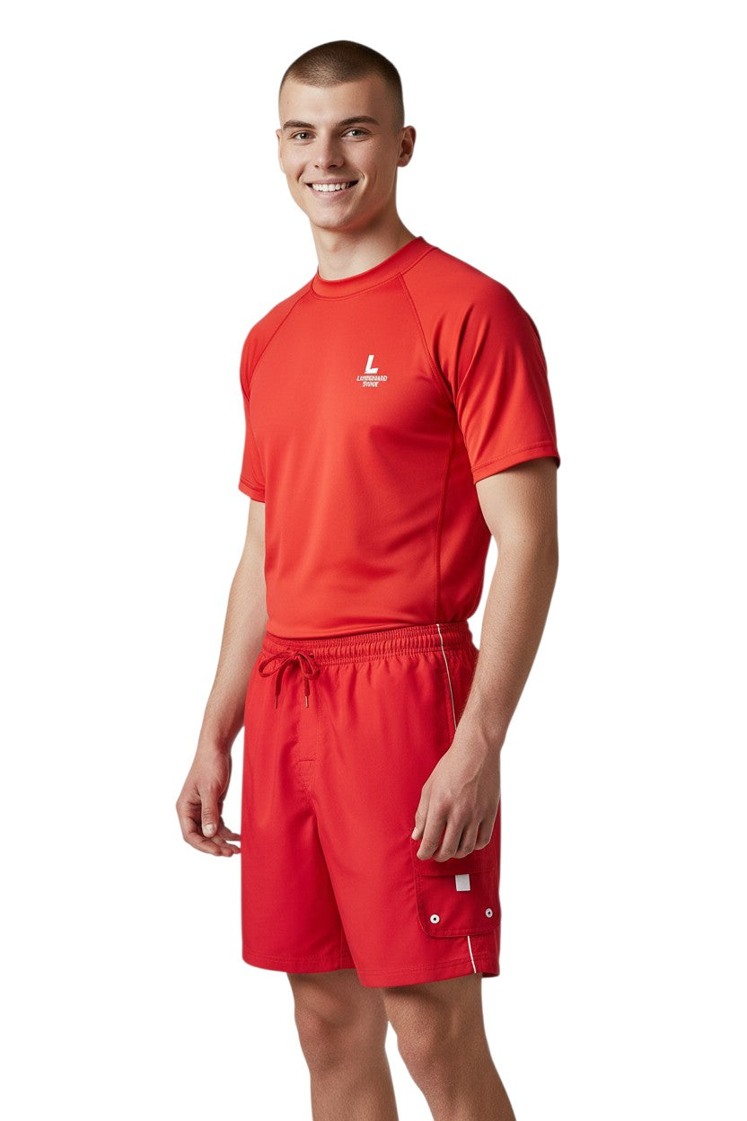 RISE Guard Male Flex Board Short in red, shown on model