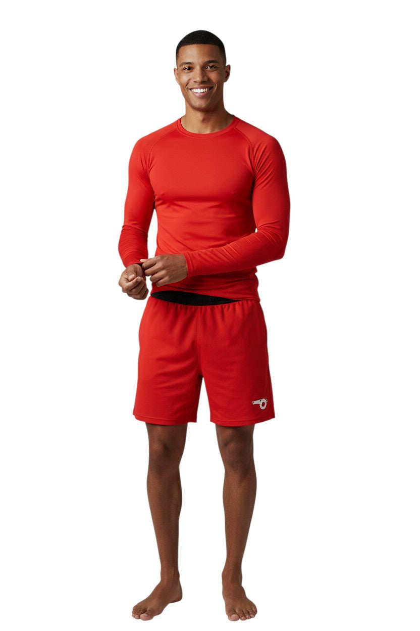 Kiefer Solid Long Sleeve Crewneck Rashguard in red, shown on model