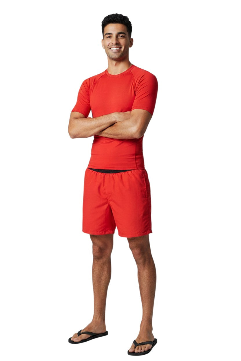 Kiefer Solid Short Sleeve Crewneck Rashguard in red, shown on model