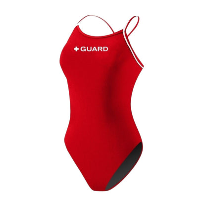 Kiefer red reversible H-back one-piece swimsuit with white trim and "GUARD" logo.