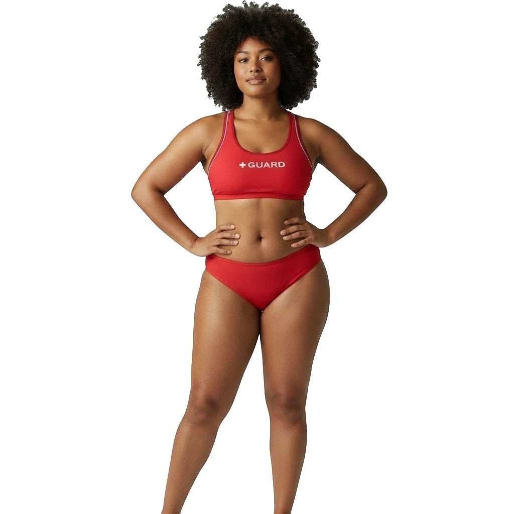 Kiefer red reversible racer back lifeguard bikini top with white GUARD text on a model