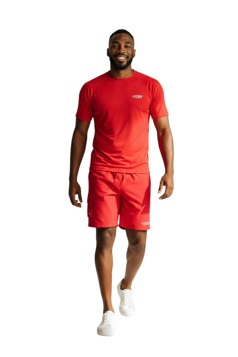 RISE Staff Male Flex Board Short in red, shown on model