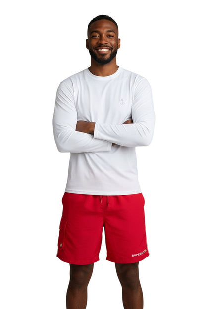 Kiefer Supervisor Board Short in red, shown on model