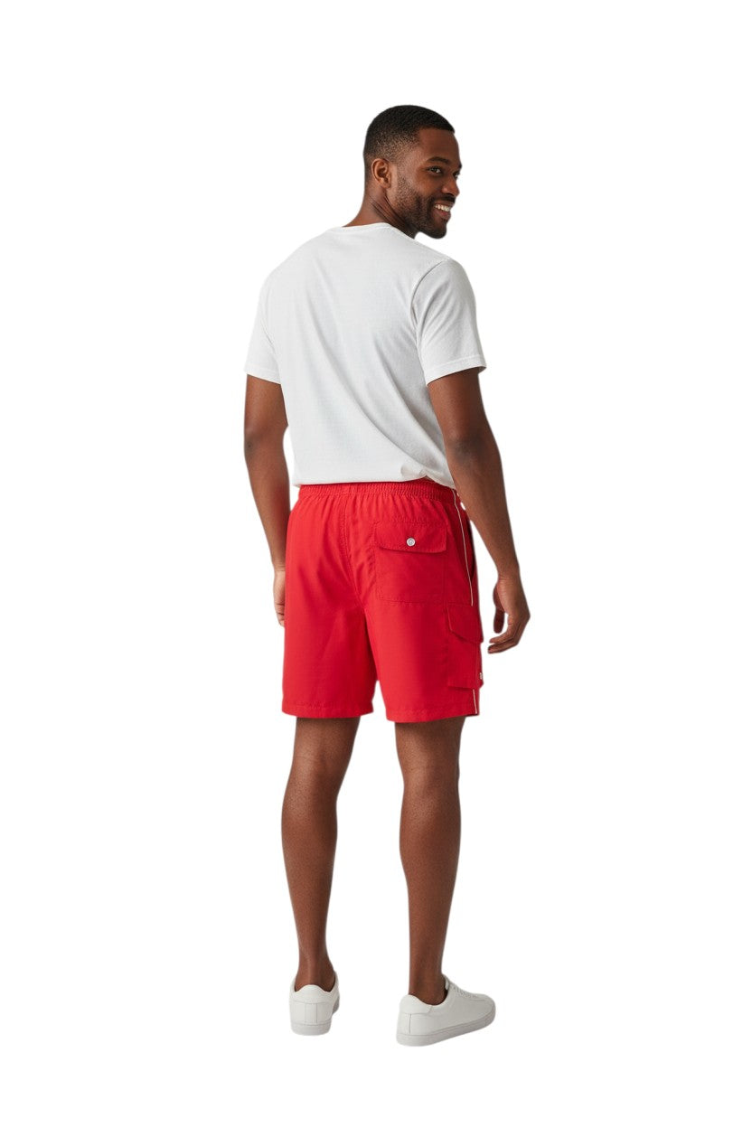 Kiefer Supervisor Board Short in red, shown on model