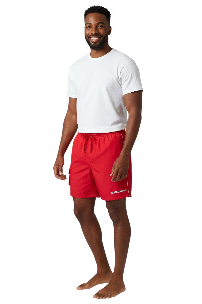 Kiefer Supervisor Board Short in red, shown on model