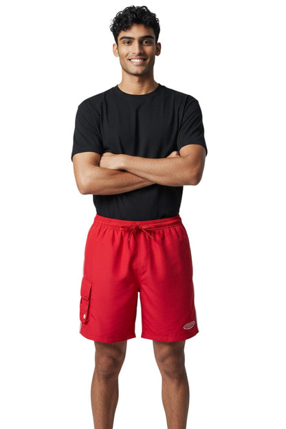 RISE Supervisor Male Flex Board Short in red, shown on model