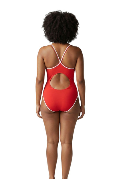 Kiefer RISE Solid H-Back Reversible red one-piece swimsuit with white trim and a cutout back. Made of poly stretch fabric.