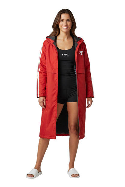Red nylon parka with fleece lining, white stripes on sleeves, and YMCA logo.