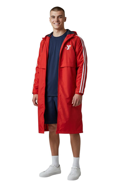Red nylon parka with fleece lining, white stripes on sleeves, and YMCA logo.