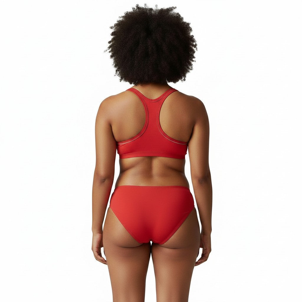 Kiefer reversible red racer back guard top and matching bikini bottom worn by a model from the back.