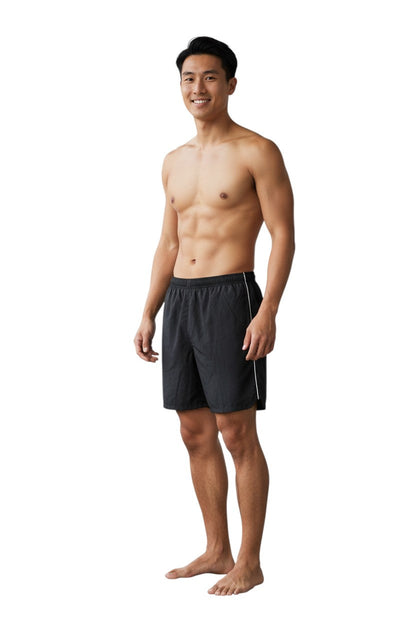 Kiefer RISE Classic Solid Trunk, black nylon with white side piping and 5" inseam.