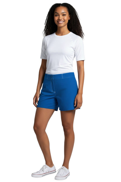 RISE Solid Female Flex Short in royal blue, 5" inseam, 94% polyester and 6% spandex, with pocket and white contrast stitching.