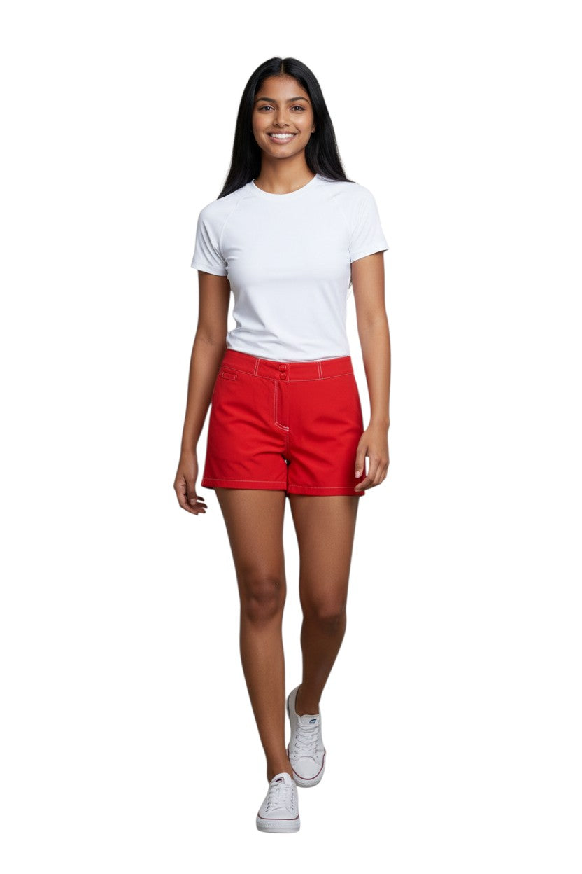 RISE Solid Female Flex Short in red polyester-spandex with white contrast stitching and a 5" inseam.