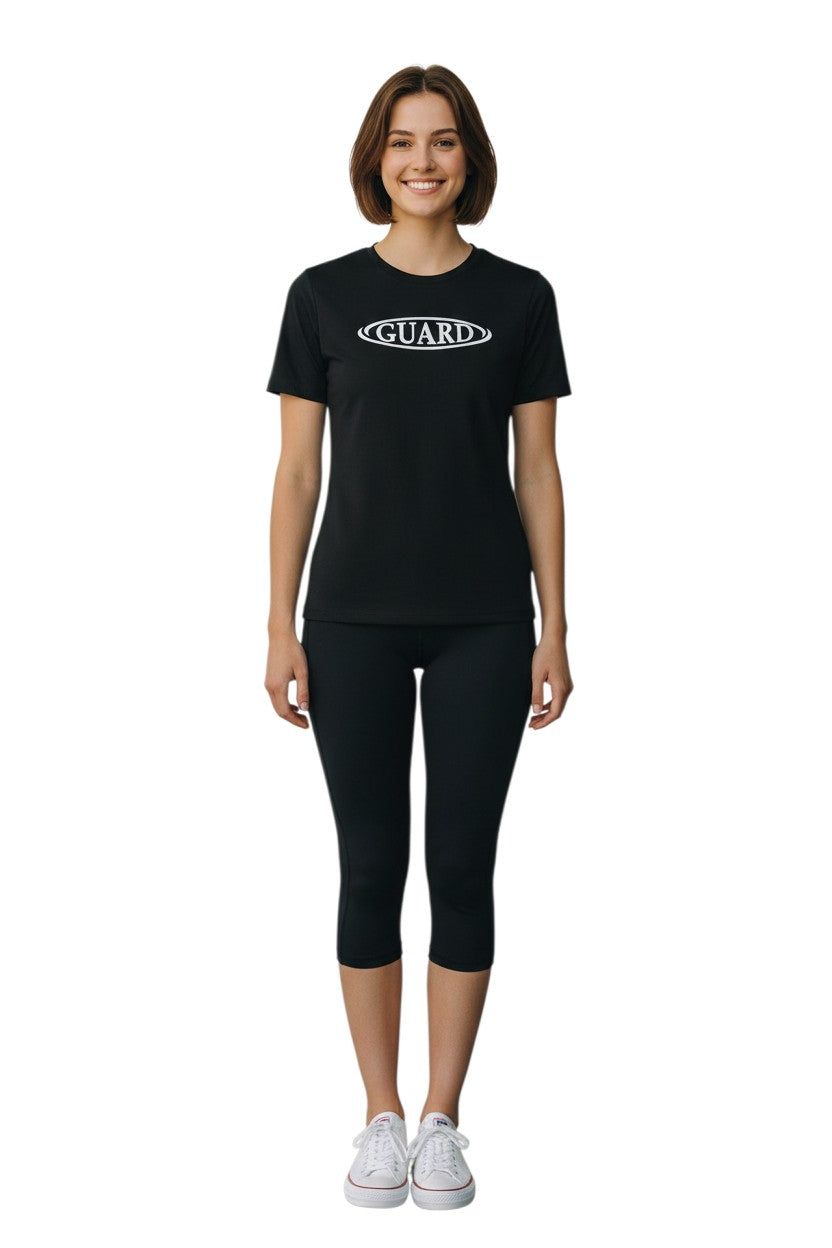 RISE Guard Short Sleeve Crew Neck Rashguard in black, shown on model