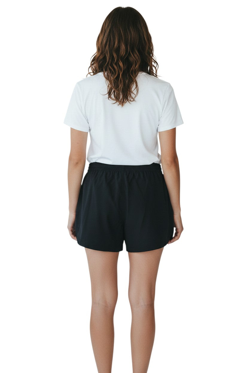 RISE Guard black polyester roll shorts with elastic waistband and drawstring, 4-inch inseam.