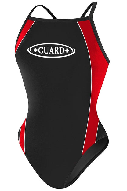 Kiefer RISE Guard H-Back Poly Splice One Piece Swimwear in black with red side panels and white GUARD logo.