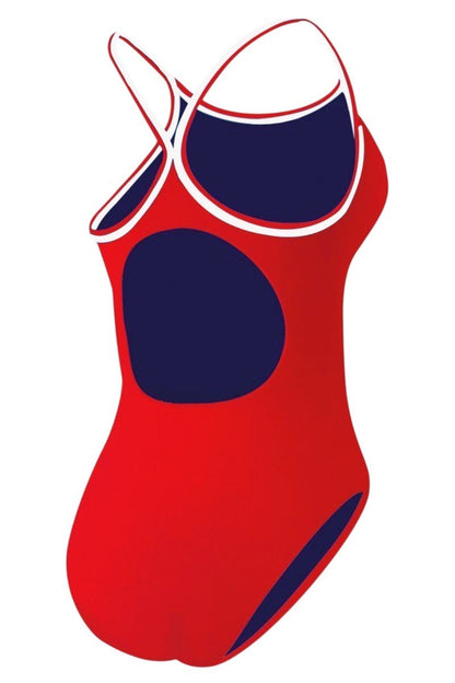 Kiefer RISE Guard H-Back Reversible One Piece Swimsuit in red and navy with white trim. Features H-back straps and UPF 50+ protection.