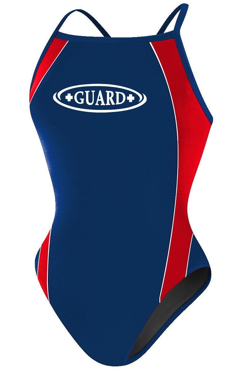 Kiefer RISE Guard H-Back Poly Splice One Piece Swimwear in navy with red side panels and GUARD+ logo.