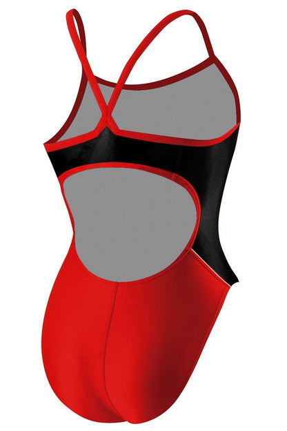 Kiefer RISE Guard H-Back Poly Splice One Piece Swimwear in red and black with H-back straps and a cutout.