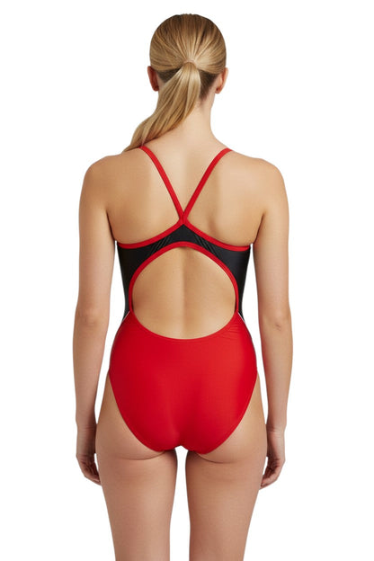 RISE Guard H-Back Poly Splice swimsuit in red and black. Made of 91% polyester, 9% spandex.