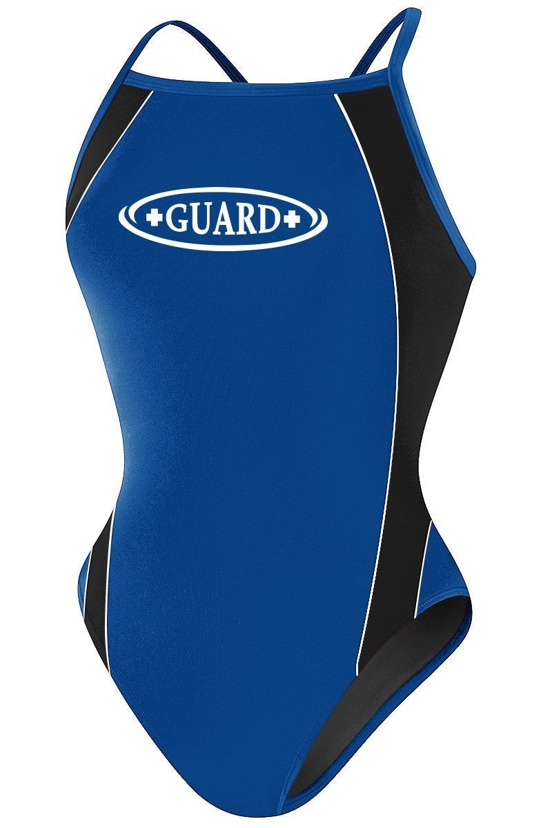 Kiefer RISE Guard H-Back Poly Splice One Piece Swimwear in royal blue with black side panels and white trim. Features "GUARD+" logo.