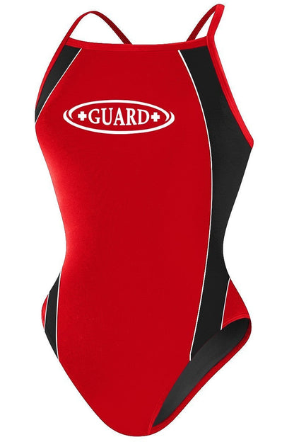 Kiefer RISE Guard H-Back Poly Splice One Piece Swimwear in red with black side panels and white GUARD logo.