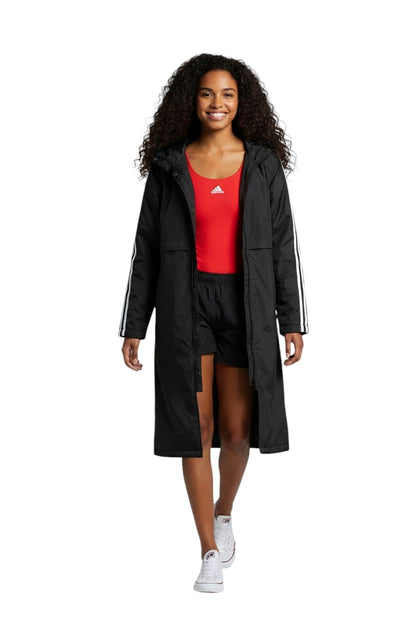 RISE Guard black nylon parka with fleece lining and white stripe accents on sleeves.